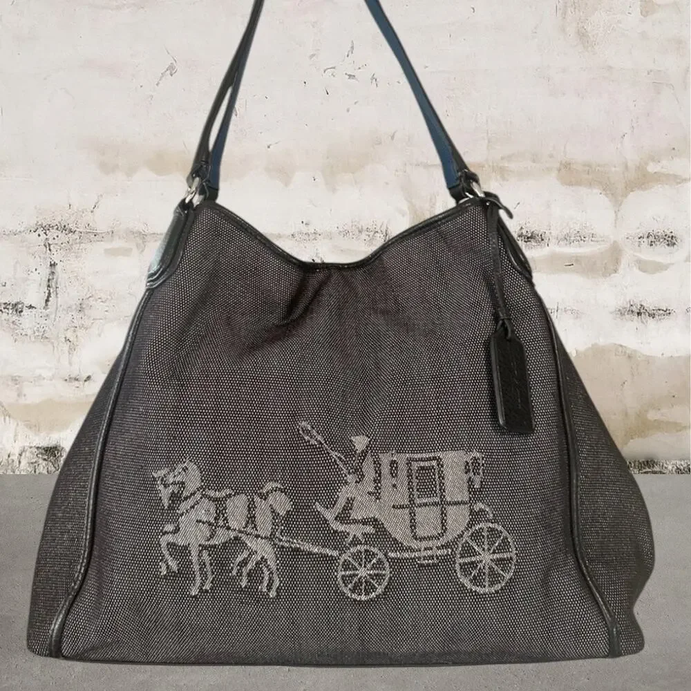 Coach Edie 31 Black & Blue Needlepoint Canvas Horse & Carriage Shoulder Bag - Picture 1 of 8